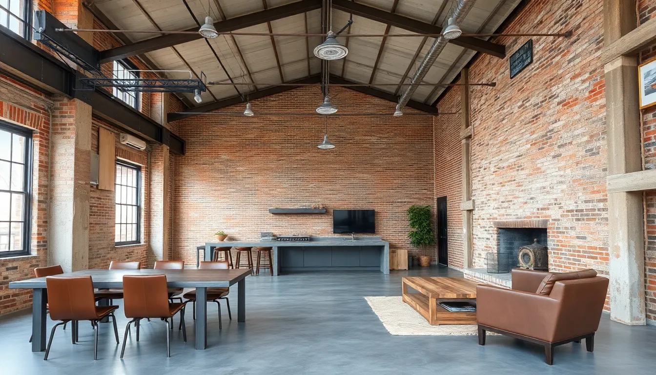 modern industrial interior with exposed brick and metal beams.